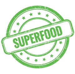 SUPERFOOD text on green grungy round rubber stamp.