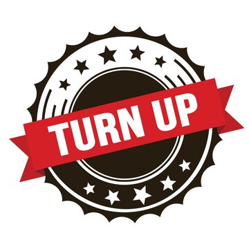 TURN UP text on red brown ribbon stamp.