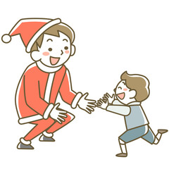 サンタクロースのコスプレをした父親に駆け寄る男の子