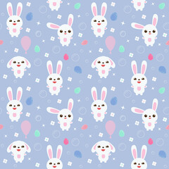 Different cute bunnies on purple background Easter seamless pattern Rabbits and eggs Vector illustration