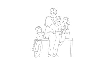 Father, children and cat leisure time together at home line vector illustration. Parenthood, domestic animal care concept