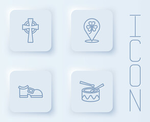 Set line Celtic cross, Clover trefoil leaf, Leprechaun boot and Drum with drum sticks. White square button. Vector