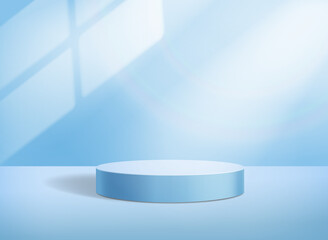 Abstract minimal scene with cylinder podium and light on the wall in blue background. product presentation,