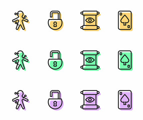 Set line Magic scroll, Voodoo doll, Open padlock and Playing cards icon. Vector