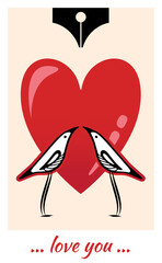 Love card design. Vector card for Valentine's Day. Flat design. Vector illustration card with cute birds, red heart and pen silhouette. Romantic postcard, card, invitation, poster.
