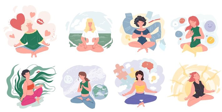 Set of vector cartoon happy characters in graphic metaphors for meditation.Smiling girls sit in yoga pose-personal growth and development,human brain inner world concept,web site banner ad design