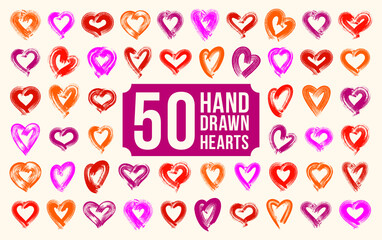 Hand drawn hearts vector logos or icons set, brush stroke painted hearts symbols collection, sketch doodle graphic design elements.
