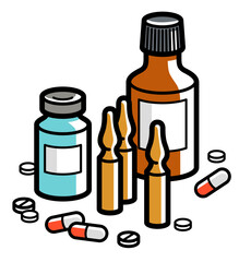 Medicine pharmacy theme medical bottles pills and ampules 3d vector illustration isolated, medicaments and drugs, health care meds cartoon, vitamins or antibiotics, simple linear design.