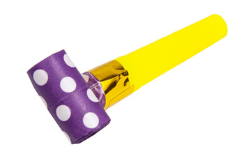 Party blowout noisemaker violet color dots horn isolated on the white background - obrazy, fototapety, plakaty