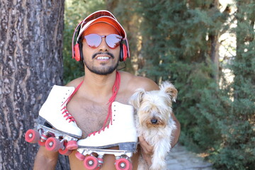 Sexy roller skater and his Yorkshire terrier 