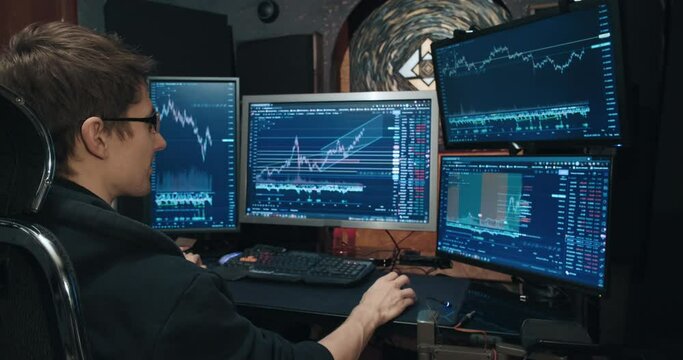 Man trader, freelancer on stock exchange trades options computer, charts of growth and fall of quotations on screen, home environment. Concept of playing on stock, futures and bonds trading exchange
