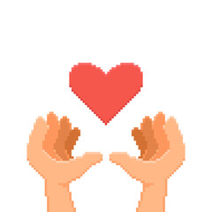 colorful simple flat pixel art illustration of two cartoon hands holds or catches red abstract love heart