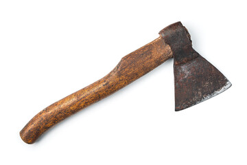 A rusty, old axe with a wooden handle is isolated on a white background.