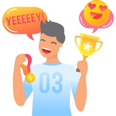 Excited male football champion flat vector icon