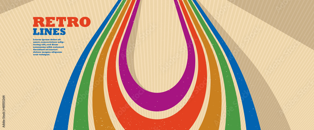 Poster retro style abstract background with curve lines in all colors of rainbow, 3d dimensional seventieth