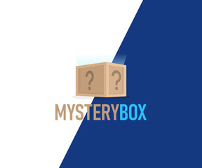 Mystery box with question sign logo design. Gift box with secret vector design. Unknown surprise inside with glowing light logotype