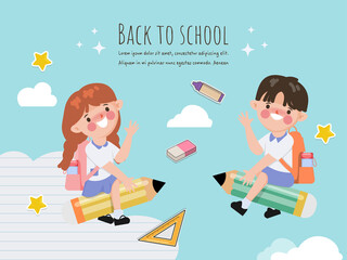 Cute cartoon student girl back to school with stationery concept background.