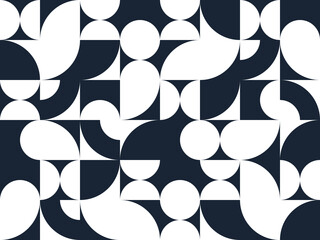 Geometrisch abstract naadloos patroon met zwarte en witte eenvoudige elementen van meetkunde, behangachtergrond in retro jaren & 39 70stijl, Bauhaus constructieve stijltegels.