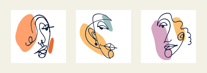 Abstract face girl vector portrait set, abstraction art woman head, hand drawn minimal modern artwork, painted human facial abstraction.