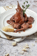 Traditional rabbit meat stew with red wine sauce