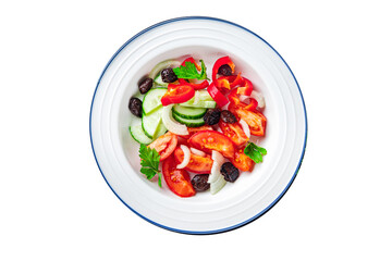 fresh vegetable salad tomato, cucumber, pepper, onion, black olives pitted healthy meal food snack on the table copy space food background rustic top view keto or paleo diet