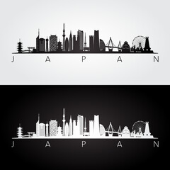 Japan skyline and landmarks silhouette, black and white design, vector illustration.