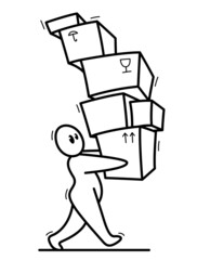 Delivery courier funny cartoon man carrying a lot of boxes vector flat style illustration isolated on white, office worker, internet retail and home delivery concept.