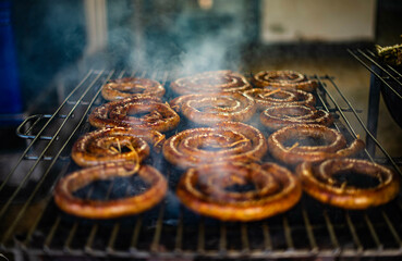 Sausages grilled in a charcoal oven, a local food of northern Thailand.