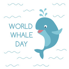 World whale day template. Cute whale and waves. Template for postcard, poster, wed banner.