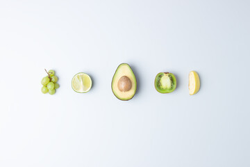 Fresh fruits and vegetables on grey background. Healthy eating concept. Flat lay, copy space.