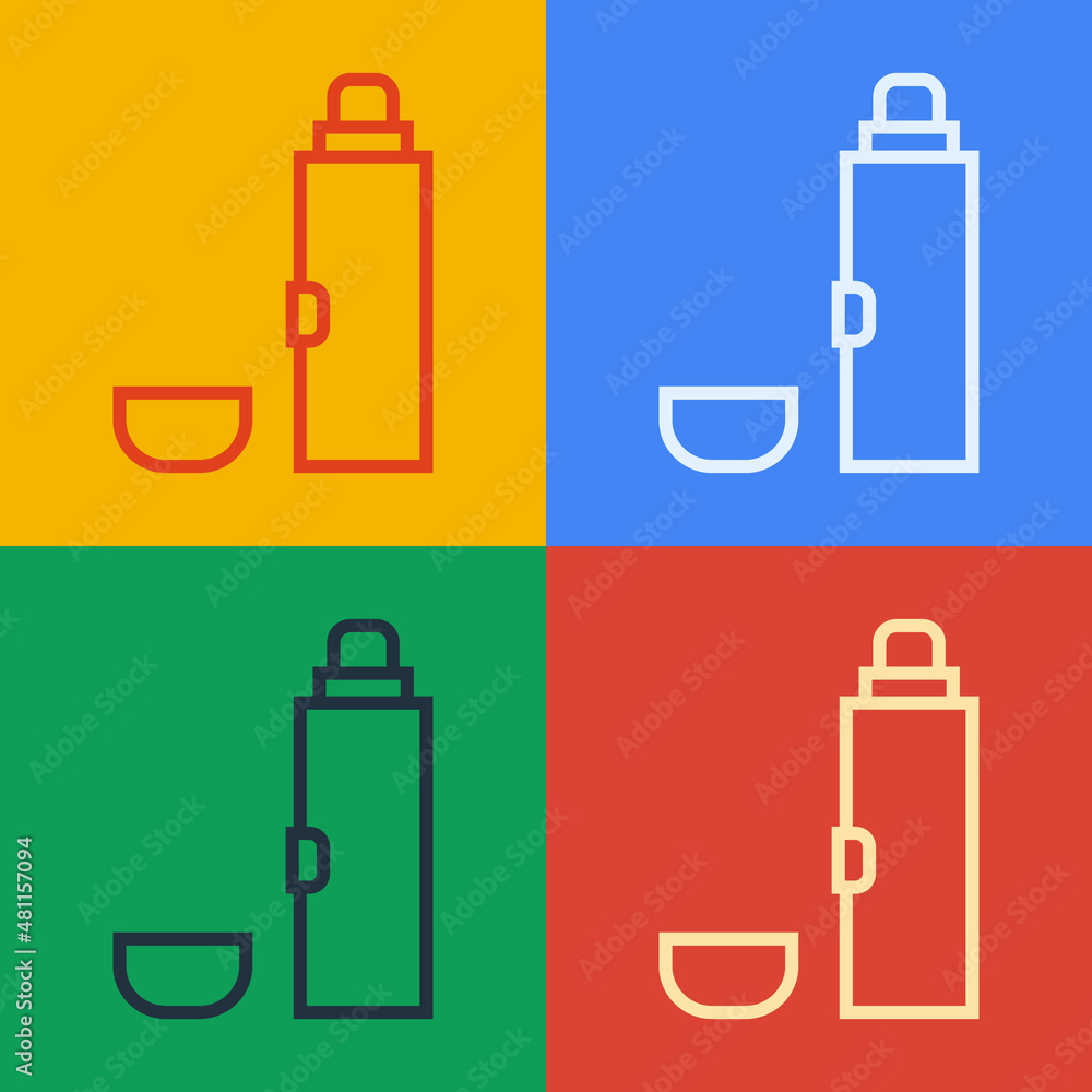 Poster pop art line thermos container icon isolated on color background. thermo flask icon. camping and hik