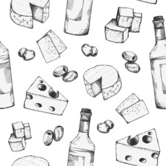 Wine, cheese and olives. Seamless pattern Hand-drawn vector clip art wine bottle, olives and cheese.