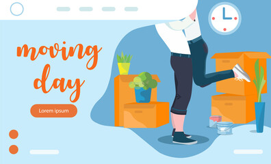 Happy couple moving to a new flat or house, landing page template with boxes, paint buckets and plants. High quality illustration