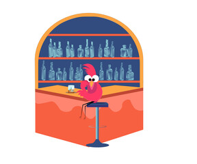 Sad flamingo sitting in a bar with a glass of whisky, thinking. High quality photo