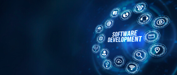Internet, business, Technology and network concept. Inscription Software Development on the virtual display. 3d illustration.
