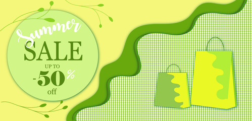 Summer sale banner with shopping bags and leaf elements. High quality illustration