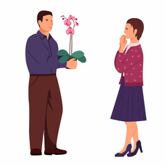 Man giving a woman a flower orchid in a pot. Girl in a skirt and high heels rejoices at the gift. Vector illustration in flat style, isolated on white background.