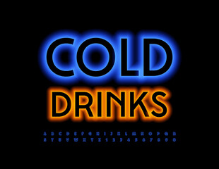 Vector advertising sign Cold Drinks. Elegant neon Font. Blue glowing Alphabet Letters and Numbers set