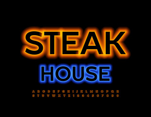 Fototapeta na wymiar Vector neon logo Steak House with flame colored Font. Bright glowing Alphabet Letters and Numbers set