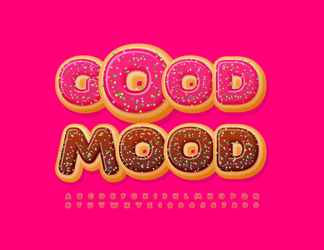 Vector happy card Good Mood. Creative Font with Sugar Sprinkles. Sweet set of donut Alphabet Letters and Numbers