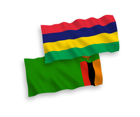 Flags of Republic of Zambia and Republic of Mauritius on a white background
