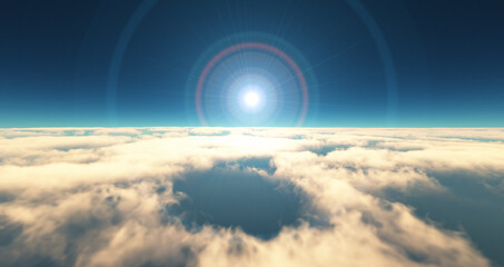 Fototapeta premium fly above clouds sunset landscape 3d render
