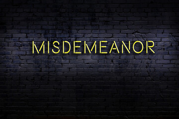 Night view of neon sign on brick wall with inscription misdemeanor