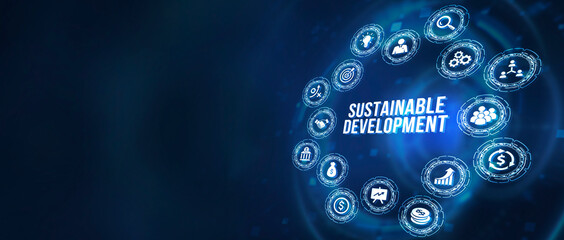 Fototapeta premium Internet, business, Technology and network concept. SUSTAINABLE DEVELOPMENT inscription, cloud technology concept. 3d illustration.