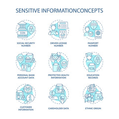 Sensitive information turquoise concept icons set. Personal and corporate data safety idea thin line color illustrations. Isolated outline drawings. Roboto-Medium, Myriad Pro-Bold fonts used