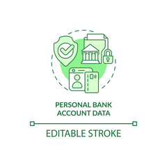 Personal bank account data green concept icon. Financial information security abstract idea thin line illustration. Isolated outline drawing. Editable stroke. Roboto-Medium, Myriad Pro-Bold fonts used