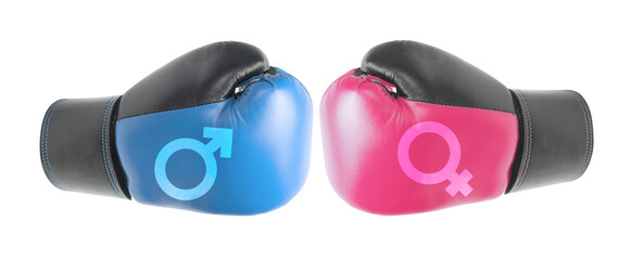 Conflict between men and women. Discrimination, fight for rights. Boxing gloves with male and female gender symbols. isolated on white background