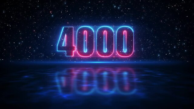 Futuristic Motion Red And Blue Number 4000 Display Neon Sign On Dark Blue Starry Sky Of The Space And Light Reflection On Water Surface Seamless Loop