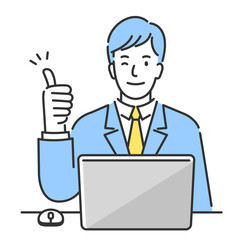 ノートパソコンの前に座ってグッドサインを出す笑顔の若いビジネスマン。