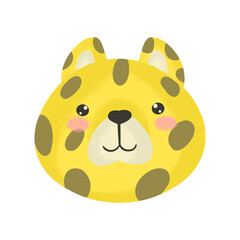 Cute baby illustration with Leopard muzzle. Cute animal kawaii characters. The faces of wild animals. Vector illustration isolated on white background.